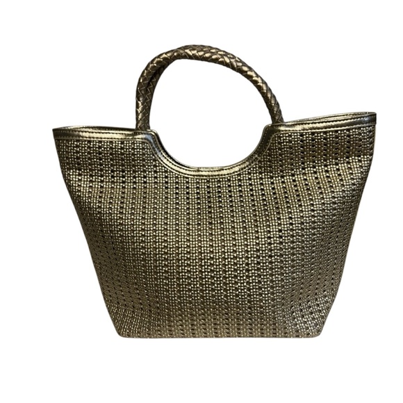 Talbots silver rattan handbag with leather trim and handles - Picture 1 of 5